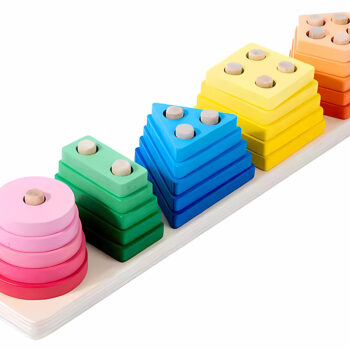 اسباب بازی چوبی آموزشی اشکال هندسی و رنگ برای کودکان با قطعات رنگارنگ